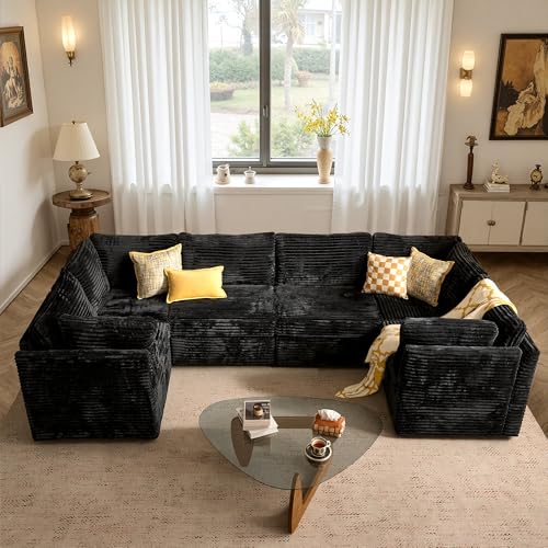 Image of ovios Modular Sectional Sofa Couch with U-Shape Chaises Convertible, Comfy Plush Corduroy Cloud Couches, Modern Luxury Deep Seat Sofas Set for Living Room, 6-Seater, Black
