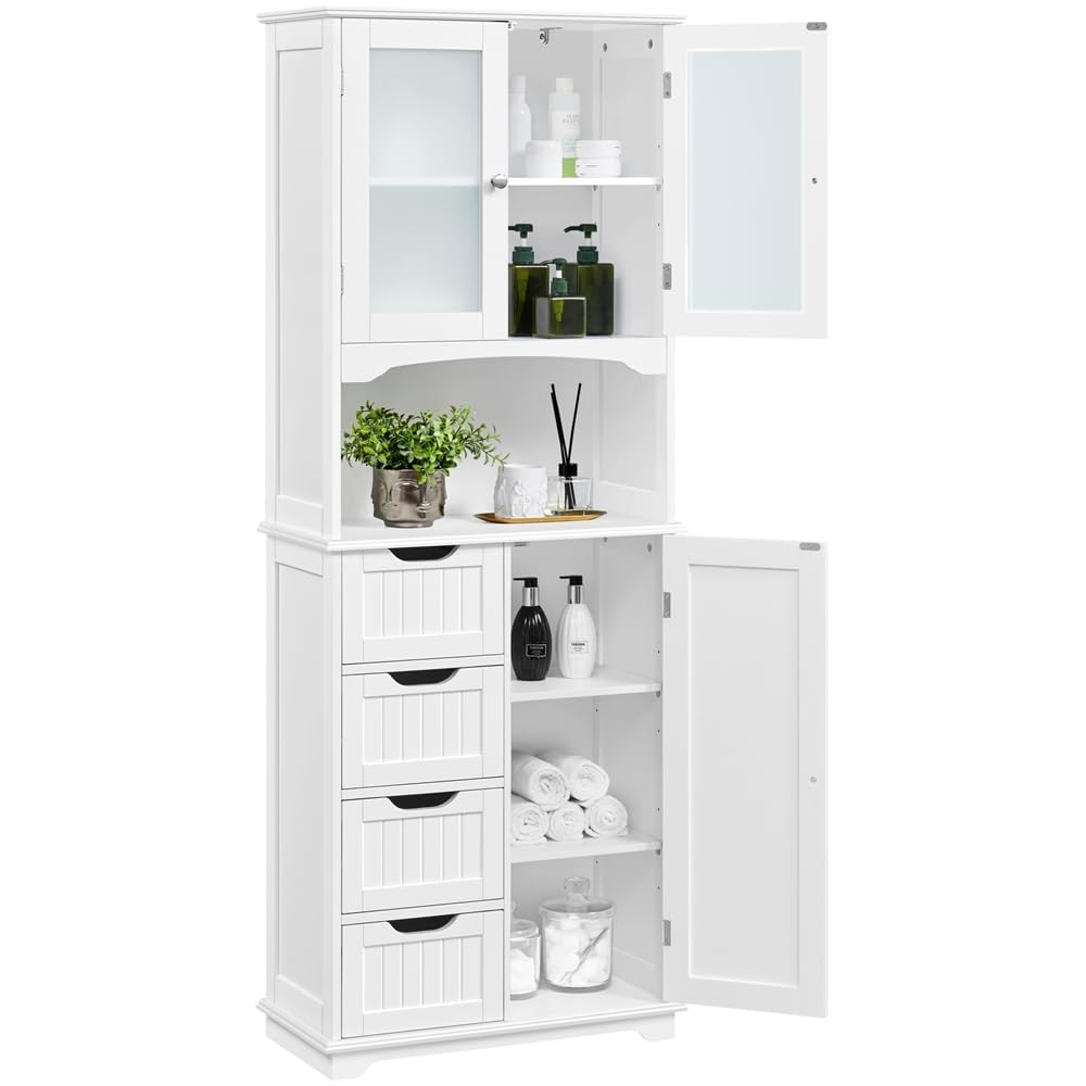 Yaheetech Armario de Baño de Almacenamiento Alto con 4 Cajones Armario con 2 Puertas de Vidrio Estante Ajustable Aparador de Cocina Blanca 60×30×165,5 cm