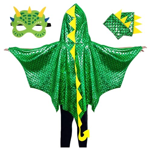 Yuwnd Dino Kostüm Kinder, Drachenkostüm Grün Kostüm Dino Kinder Drachenflügel Umhang mit Maske, Drachen Kostüm Kinder für Mädchen Jungen Halloween Fasching Karneval Walpurgisnacht