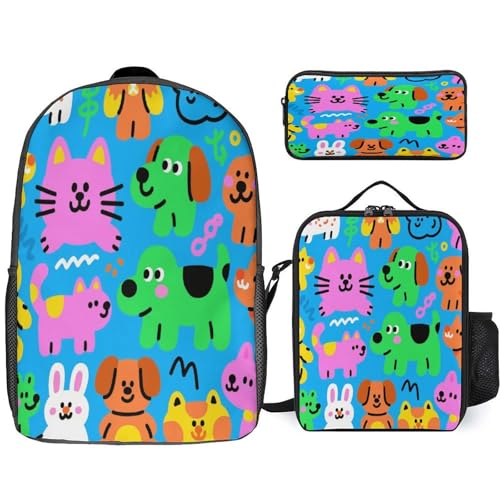 Cartoon Animals 3pcs Lightweight Travel Backpack Printed Backpack With Lunch Pack Storage Box Case