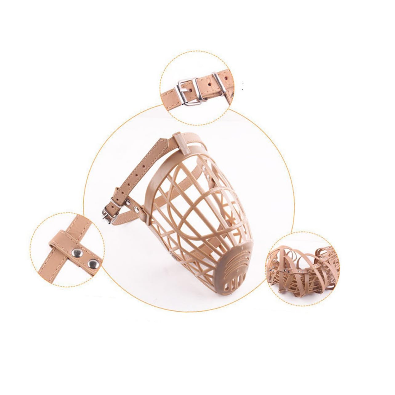 Mikikit 1 Set Adjustable Dog Muzzle Bite Mouth Cover with PU Leather Strap Breathable Plastic for Chewing and Barking Control Apricot
