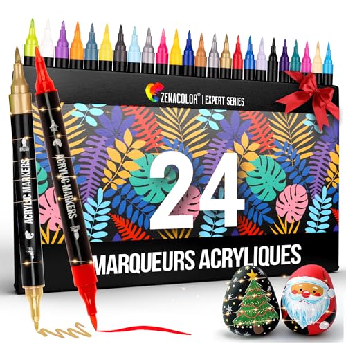 Zenacolor 24 Feutres Acryliques Double Pointe - Stylo Peinture Pointe Fine & Pinceau - Couleurs Opaques pour Peinture sur Verre, Bois, Pierre, Toile - Marqueurs à dessin pour Loisir Creatif Adulte