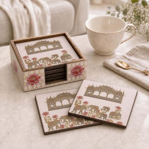 Image of The Earth Store Premium Regal Elephant Wooden Coaster Set of 6 with Matching Holder - Engineered Wood with Resin Art Wooden Coaster | Tea Coaster Set of 6 | Square Coaster Set for Dining Table
