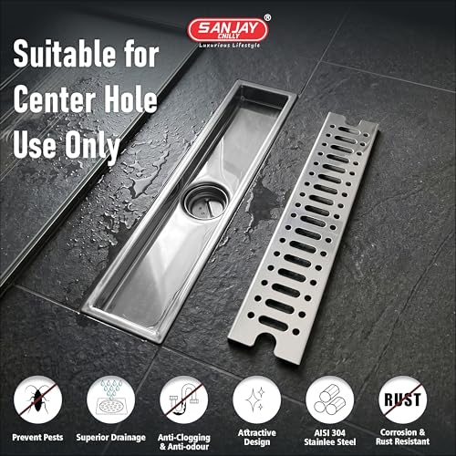 Image of Bathroom Linear Shower Drain 3X36 INCH Stainless Steel | Center Hole Channel Drain | Heavy Duty, Rust Proof & Odor Resistant