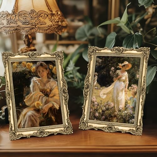 Image of eletecpro 8x10 Vintage Picture Frame with Real Glass Cover, Ornate Antique Photo Frame, Display 8x10 Picture for Tabletop or Wall Hanging, Gold Home Decor for Gallery Art
