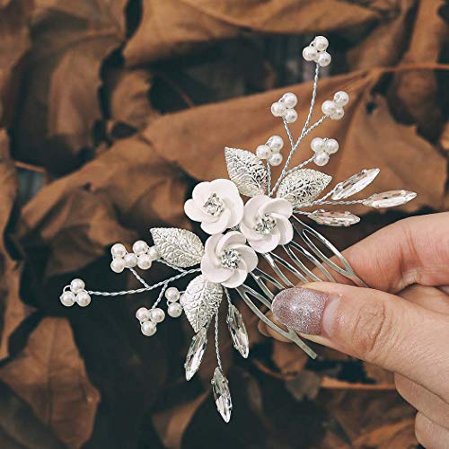 Edary Haarschmuck für die Braut, Blumen-Haarkämme, Silber, Strass, Kopfschmuck, Perlen, Blatt, für Damen und Mädchen Cover