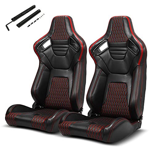 ModifyStreet Pair of All Black PVC + Red Snake Pattern & Rear Carbon Fiber Style leather Reclinable Racing Seats W/Silders