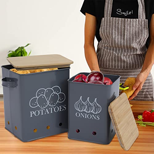 Image of Potato Onion Storage Bin, Kitchen Storage Canister Set of 2, Kitchen Pantry Organizer Tin - Vegetable Fresh Keeper with Aerating Tin Storage Holes & Wooden Lid (Gray)