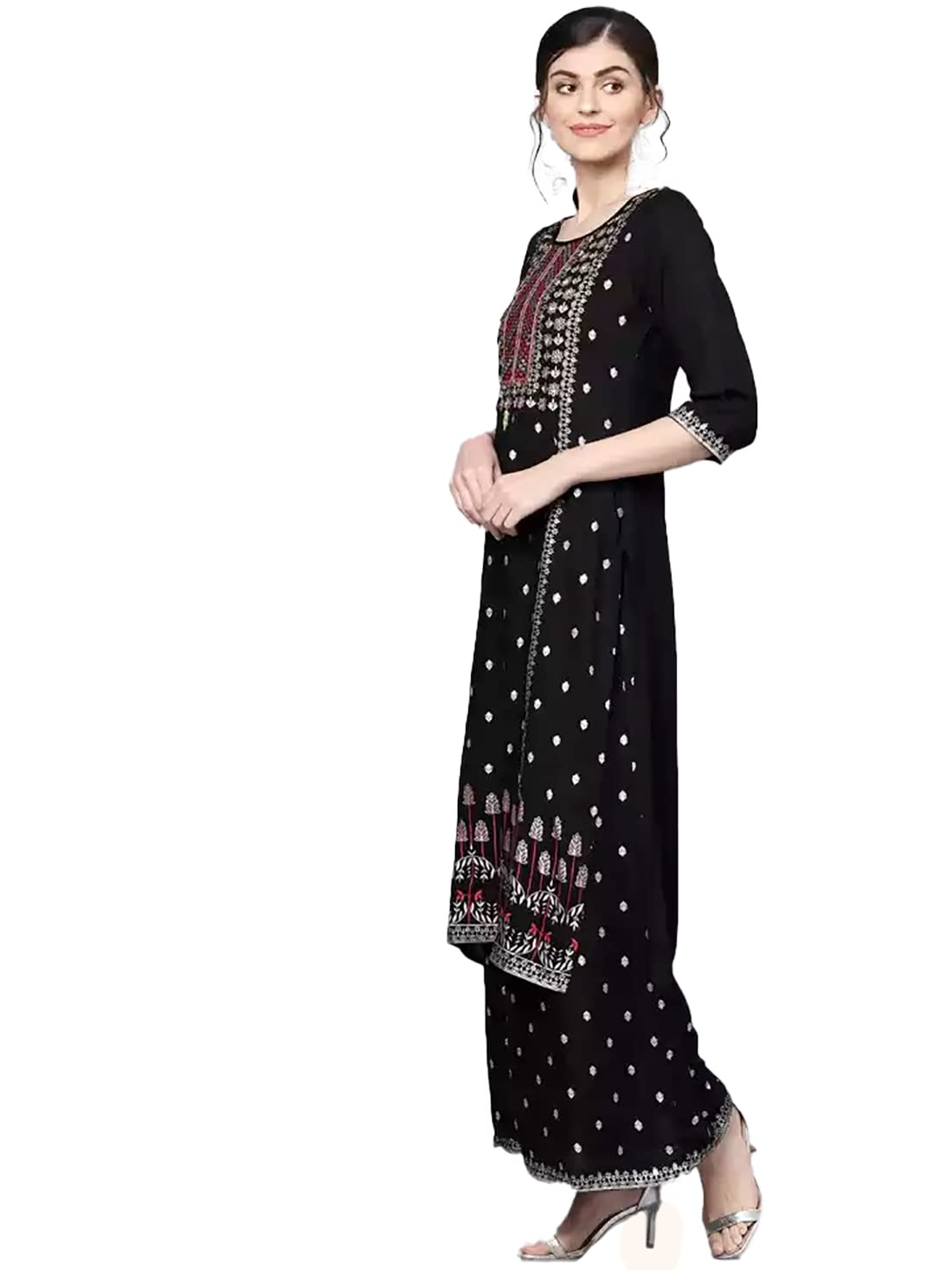 KF Creations Women Rayon Black Floral Printed Embroidered Straight Kurta Palazzo Set
