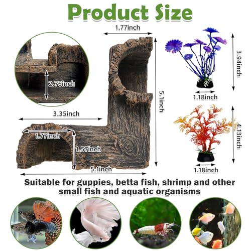kathson Aquarium Hideaway Cave Underground Tunnel Hideout Resin Rock Dual Hole Hideout for Corners View Fish in Aquarium Decoration with 2PCS Plastic Aquatic Plants for Betta Shrimp Guppy Hide - Thumbnail 6