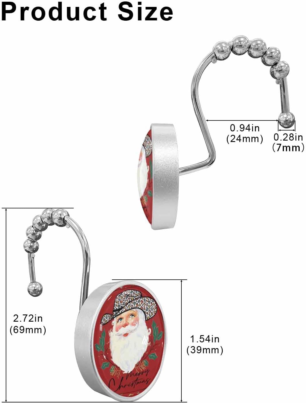 Shower Curtain Hooks 12 Pcs Christmas Western Santa with Leopard Hat Holly Red Stainless Steel Rust Proof Rolling Shower Curtain Rings, Decorative Shower Curtain Hooks Hangers for Bathroom
