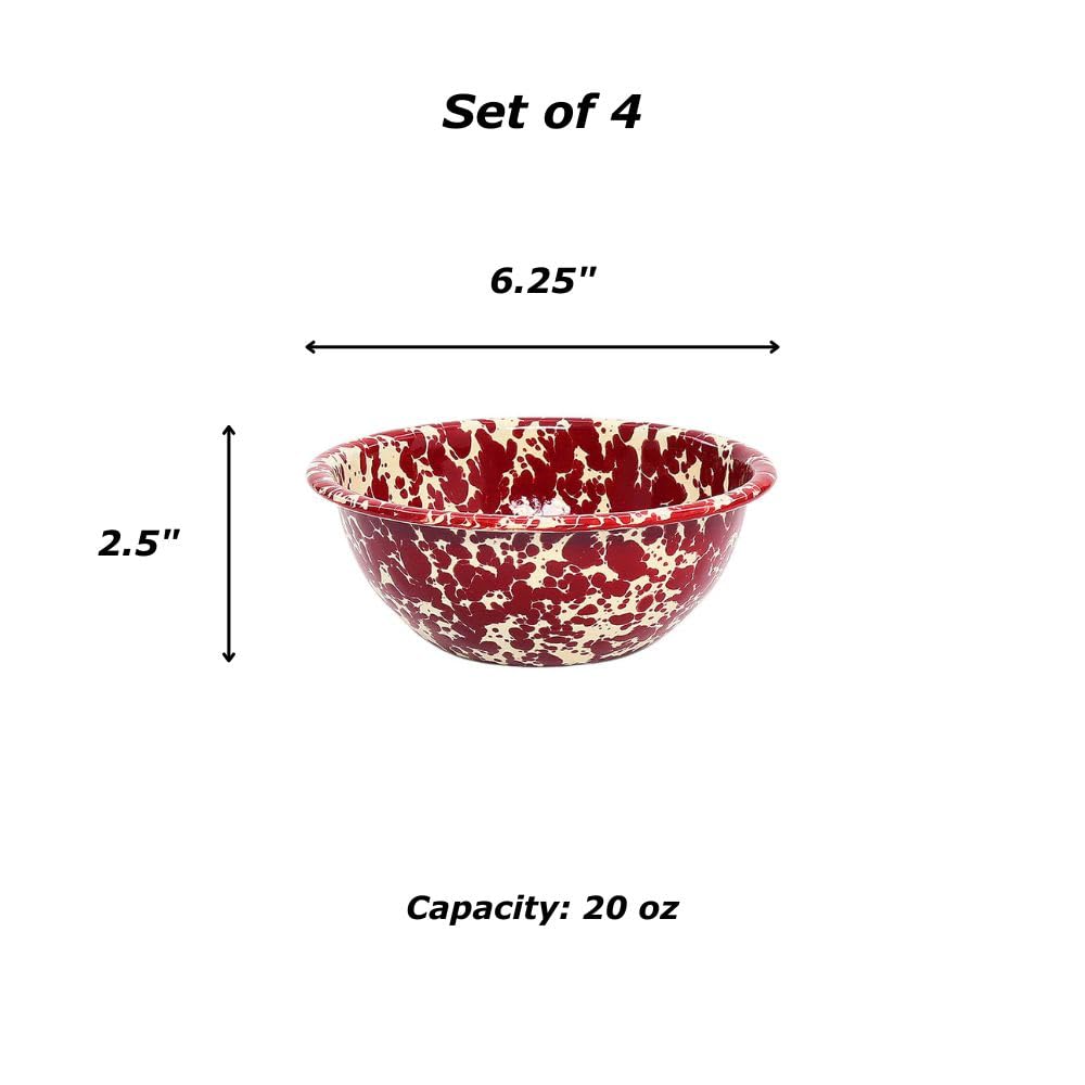 Crow Canyon Home Splatter Enamelware Cereal Bowls, Set of 4, Burgundy & Cream