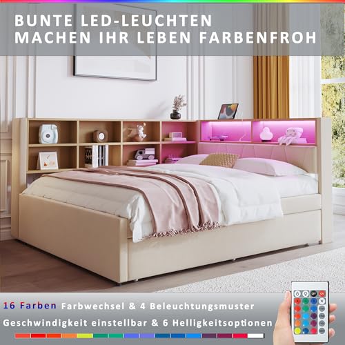 Tagesbett Schlafsofa 140x200 cm, Polsterbett Multifunktionsbett mit Ausziehbarem Bett 90x190 cm&USB-Steckdose&LED Leuchten& Mehreren Ablagefächern, Doppelbett mit Lattenrost, Ohne Matratze, Beige – Bild 4