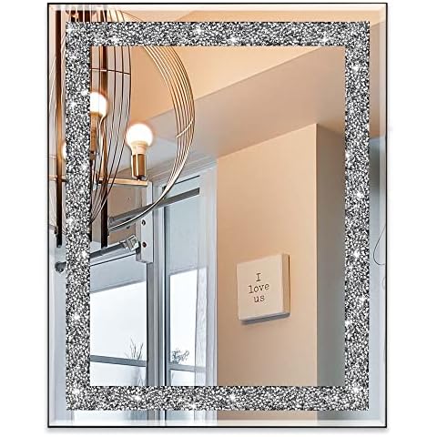 Ruomeng Rectangular Wall Mirror Crystal Crush Diamond Mirror for Home Décor Accent Mirror for Bathroom, Entryway and Bedroom, 16" x 20" Cover