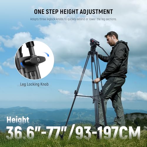 Image of NEEWER LL34 78 inch Video Camera Tripod One Step Quick Release with Adjustable Damping Fluid Head, Heavy Duty Carbon Fiber Tripod with Dual Mode QR Plate, Max Load 22lb