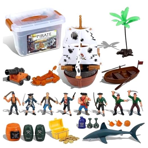 Liberty Imports Bucket of Pirate Action Figures Toys Playset with Pirate Ship, Boat, Treasure Chest, Cannons, Shark for Kids Imaginary Pretend Play