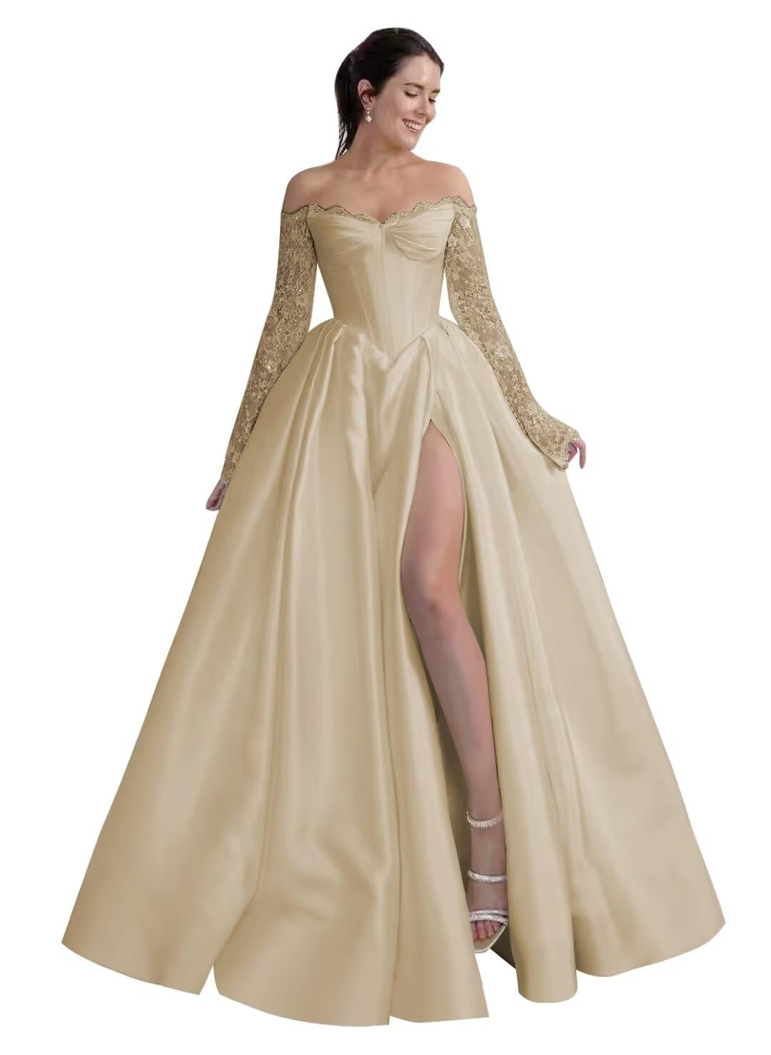 Off Shoulder Satin Prom Dresses Lace Wedding Dresses for Bride Long Sleeve Ball Gowns for Women Formal with Split