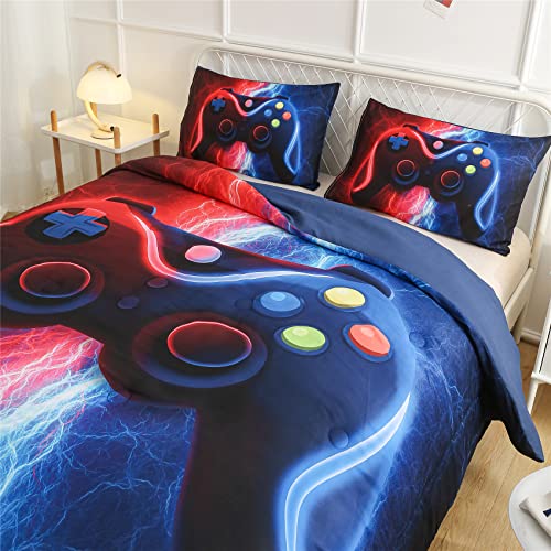 Meeting Story Gamer Gaming Bedding Sets Red-Blue Lightnings Gamepad Comforter Set For Boys Games Console Action Buttons Novelty Colorful Modern Room Decor Home Quilt Set (Red-Blue, Full) #TOP2