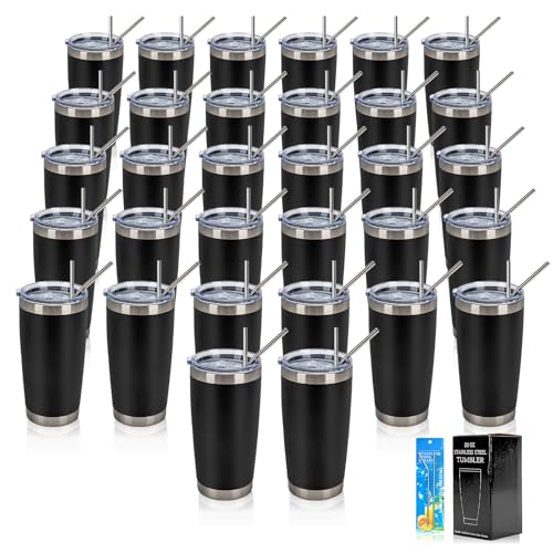 IEOVIEE 32 Pack 20oz Stainless Steel Bulk Tumblers with Lids and Straws Double Wall Insulated Travel Mug Durable Powder Coated Tumbler Bulk Cup for Cold and Hot Drinks(Black)