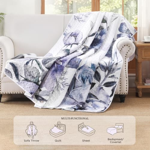 Image of Andency Floral Boho Quilt King Size Bedding Set Purple White, 3 Pieces Farmhouse Flower Botanical Summer Bedspreads with 2 Shams, Soft Reversible Lightweight Polyester Coverlet All Season, 106 inchx96 inch
