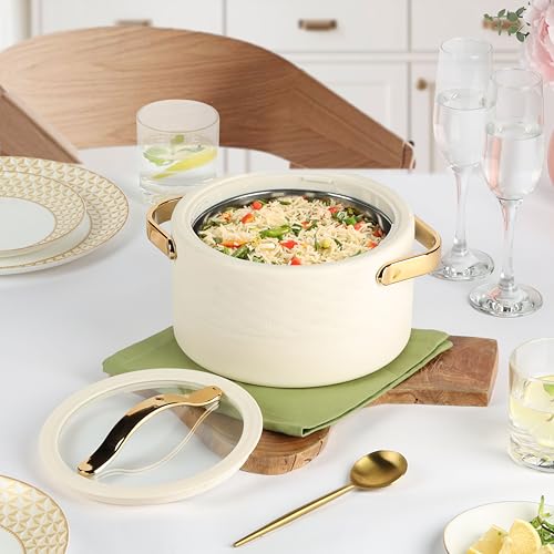 Image of CELLO Velvetto Deluxe 2500 Insulated Casserole Hot Box for Kitchen 2500 ml, Cream | Airtight See Through Lid Hot Pot Case Keeps Food Hot & Warm for Long Hours, Casserole Set for Roti, Rice & Biryani