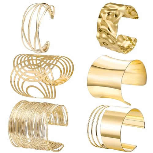 NEWITIN 6 Pieces Gold Chunky Cuff Bracelets for Women Open Wide Wire Bracelet Irregular Bangle Bracelets Thick Arm Cuff Statement Punk Bracelets for Women
