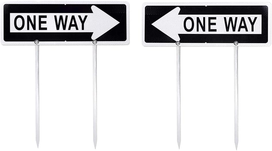 Kichwit One Way Metal Sign with Right/Left Arrow, 17.7" x 5.9", Reflective Aluminum, Metal Stakes Included, Rust Free, Weather Resistant, for Outdoor Use