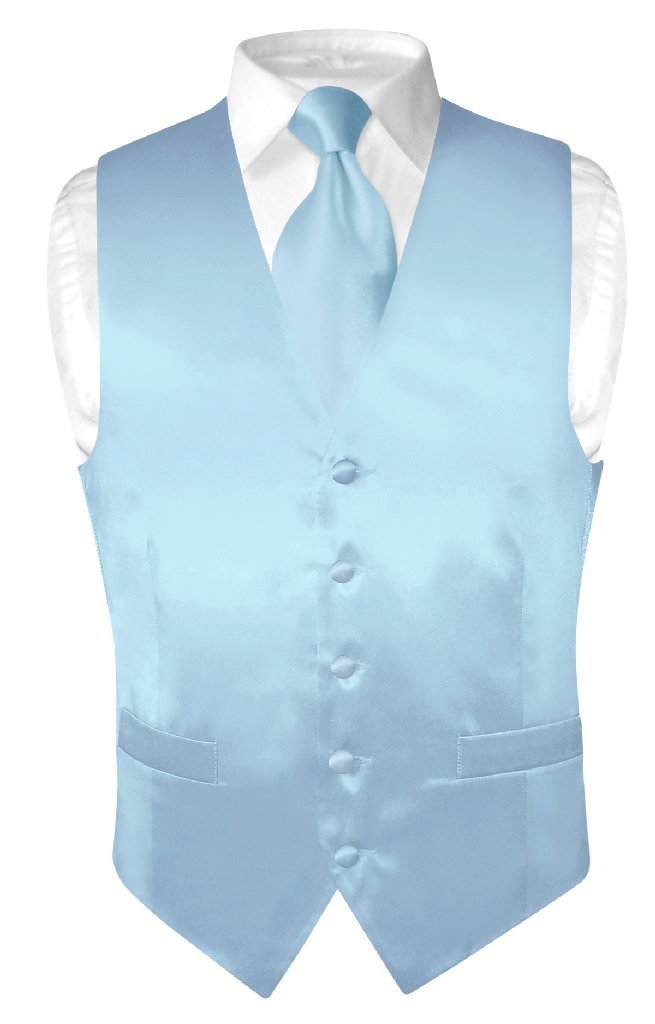 Men's SILK Dress Vest & NeckTie Solid BABY BLUE Color Neck Tie Set-image-29