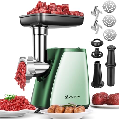 AAOBOSI Meat Grinder Electric, [3000W Max] Meat Grinder Heavy Duty with 2 Stainless Steel Blades & 4 Grinding Plates, Sausage Maker & Kibbe Kit for Home Kitchen Using
