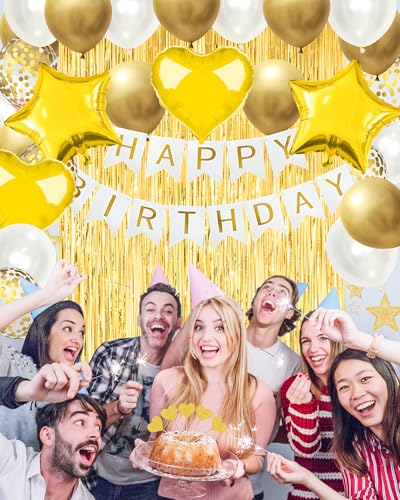Image of Golden Happy Birthday Party Decorations with Banner Balloons for Men Boys