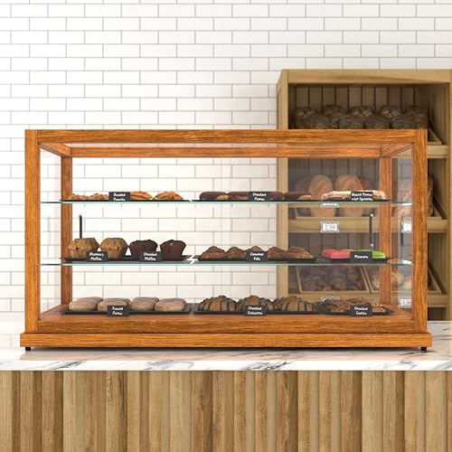 Image of KoolMore 44 in. Horizontal Light Wood Countertop Dry Bakery Display Case, Large Bread, Pastry and Dessert Display with Tempered Glass