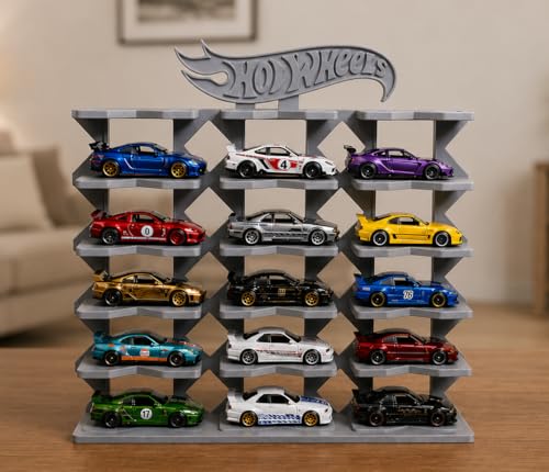 Image of Premium 18-Car Display Rack in Grey for Hot Wheels & 1:64 Scale Cars, Eco-Friendly Biodegradable Plastic, 24 cm H x 22.3 cm B x 4.8 cm W (***Toy Cars NOT Included***)