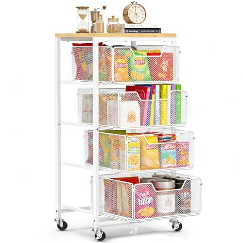 SUNALLY Rolling Cart with Drawers, 4-Tier Craft Storage Cart with Lockable Wheels, Metal Storage Drawer Cart Craft Organizer Art Cart for Kitchen, Bathroom, School, Studio, Office, Bedroom, White