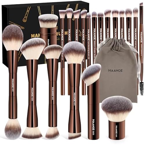 MAANGE 20 PCS Foundation Makeup Brush Set, Double-ended Kabuki Contour Brush for Liquid Powder Concealer Blending Blush Face Makeup Tools with Gift Box (Coffee)