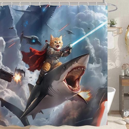 Image of Funny Shower Curtain, Hilarious Cool Cat Riding Shark Ocean Wave Shower Curtains for Bathroom, Funny Kids Boy Fabric Bathroom Accessories Decor Curtain, with Hooks 72x84 Inch