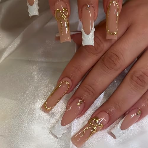 Chrome Gold Bow White French Tip Press on Nails Long Square-3D Ri...