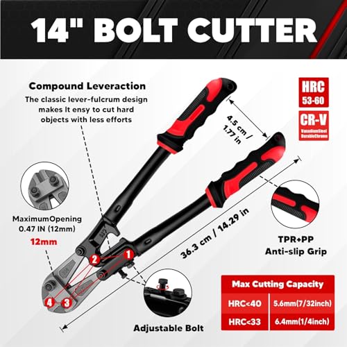 C&T 4-Piece Bolt Cutter Pliers Set, 14\" & 8\" Bolt Cutter, 8\" Wire Cable Cutter, 8\" Wire Rope Cutter with Carrying Bag, Cr-V Blade for Cutting Locks, Steel Wire, Chains