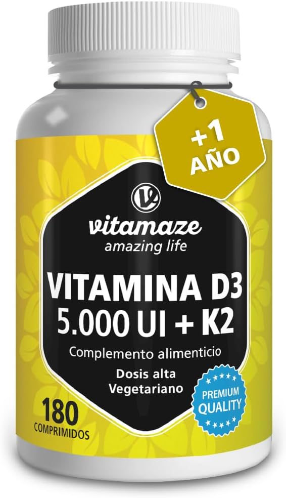Vitamina D3 y K2 Alta Dosis (5000 UI Vitamina D3 + Vitamina K2 100 Mcg) - Sistema Inmunológico y Óseo - 180 Comprimidos Alta Biodisponibilidad, Calidad Alemana. Vitamaze