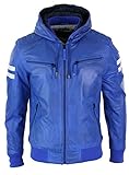 Mens Blue Black Hood Real Leather Bomber Jacket Red Stripes Quilted Slim Fit Casual