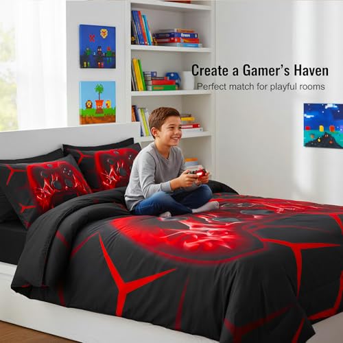 Image of ZRNBAST Queen Comforter Set, 6 Pieces Red Gaming Bedding Sets for Boys