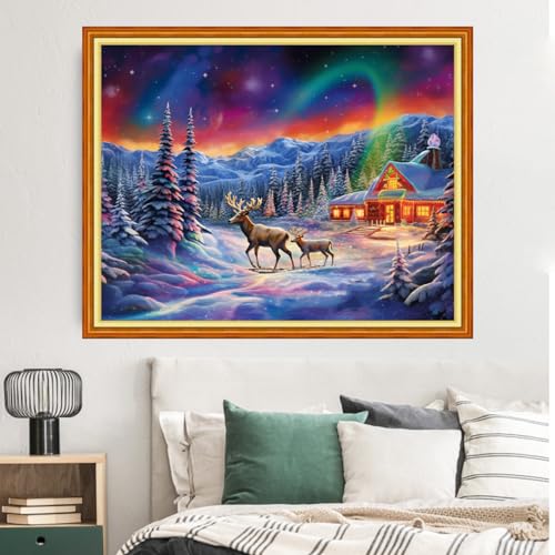 Image of Dimxvean Stamped Cross Stitch Kits,Cross Stitch Kits for Adults Beginners,Embroidery Kits Full Range of Cross Stitch Stamped Kits Needlepoint Kits Cross Stitch Patterns-Aurora Elk 16x20 inch