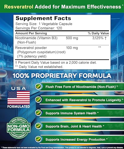 asquared nutrition nicotinamide with resveratrol - 120 veggie capsules - vitamin b3 500mg niacinamide flush free - supplement pills to support nad skin cell health amp energy