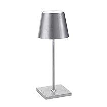 Zafferano, Poldina Pro Mini con Foglia Color Argento, Lampada da Tavolo Ricaricabile e Senza Fili con Controllo Touch, Utilizzabile come Lampada da Interni, Dimmer, 2200-3000 K, Altezza 30 cm