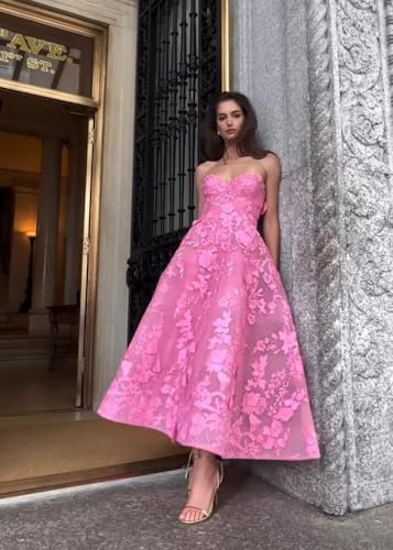 FANGHEIA Strapless 3D Floral Laces Prom Dress for Women Sweetheart Formal Party Gowns Tea Length Princess Evening Dress4