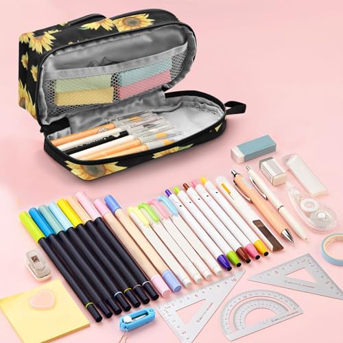 Image of ZAZYXTJ Sunflower Standing Large Capacity Pencil Case 3 Compartment Pen Pouch Storage Makeup Bag for School Office Teen Girl Boy Men Women