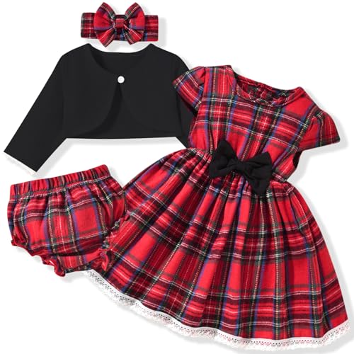 fioukiay Baby Girl Dress and Cardigan Set Infant Girl Bowknot Dresses Christmas Outfit Set Xmas Clothes With Diaper Cover Fall Winter 3-6 Months