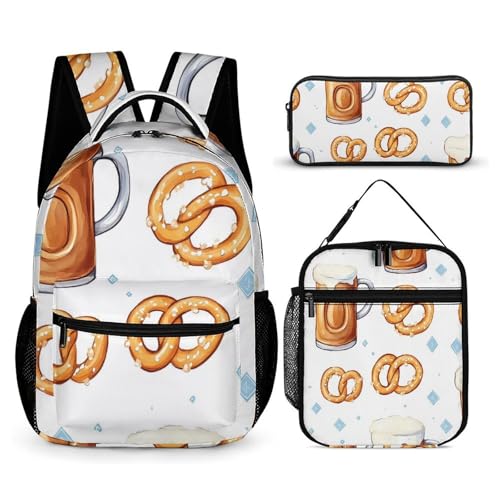 Mugs And Pretzels Backpack Shoulder Bags Lunch Bag Pencil Case Box 3 Set Daypack Cute