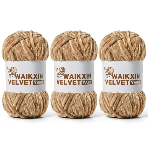 Image of 3 Pack Chunky Chenille Yarn for Crocheting, Baby Yarn for Crocheting Soft, Plush Velvet Yarns, 300g (262.4 yds) Fluffy Yarn for Crochet Amigurumi (3 Light Khaki)