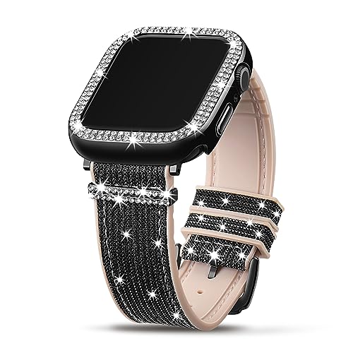 JOHIPI Bling Silicone Band Case Compatible with Apple Watch Band 40mm 41mm 44mm 45mm With Diamond Protector Cover, Women Silicone Soft Adjustable Strap Color Changes with Angle For iWatch Series 8 7 6