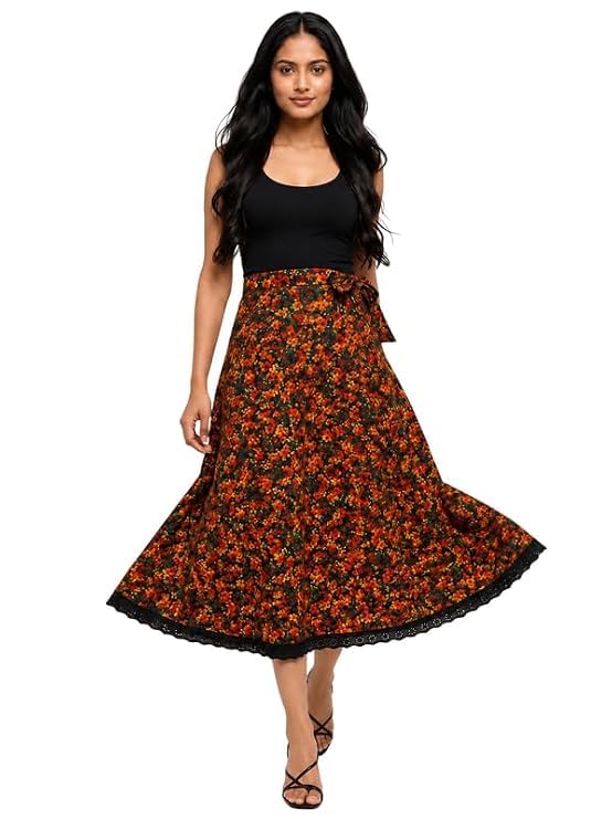Women's Floral Printed Wrap Around Midi Skirt with Lace Border | Lightweight Crepe Sarong Skirt for Beach, Vacation & Casual Wear-image-10